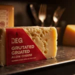 Aged grated cheese block sits on dim grocery shelf with red warning sticker showing urgency