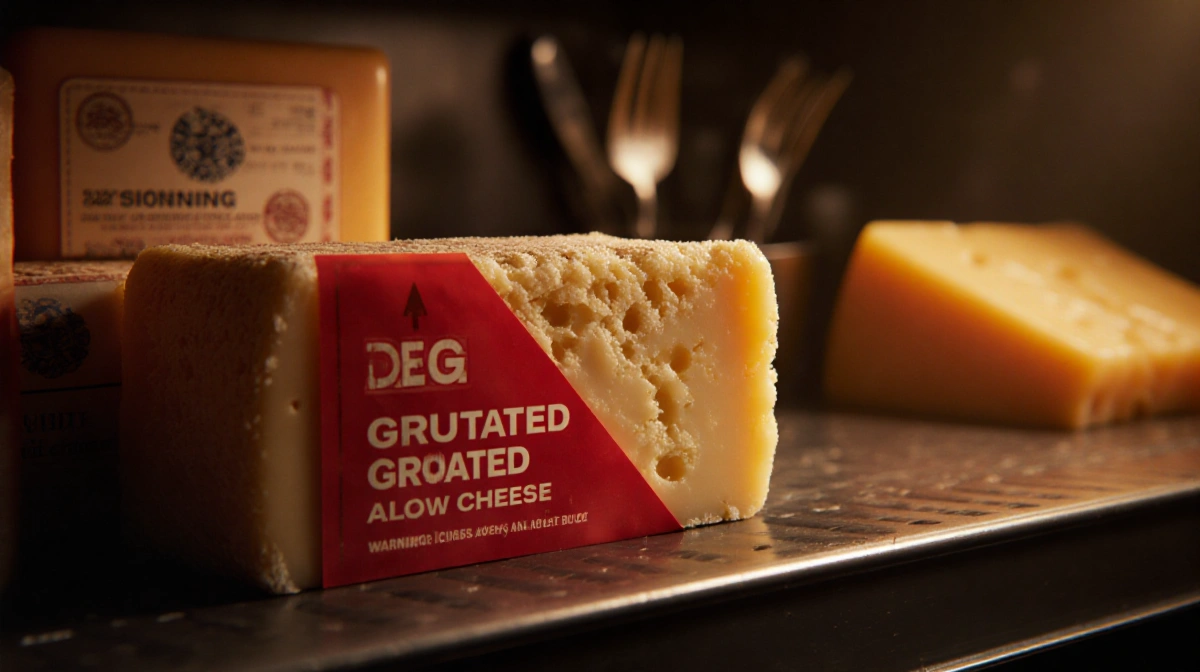 Aged grated cheese block sits on dim grocery shelf with red warning sticker showing urgency
