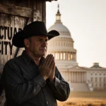 Worried farmer stands before barn door with faded Sanctuary City sign and flag in background