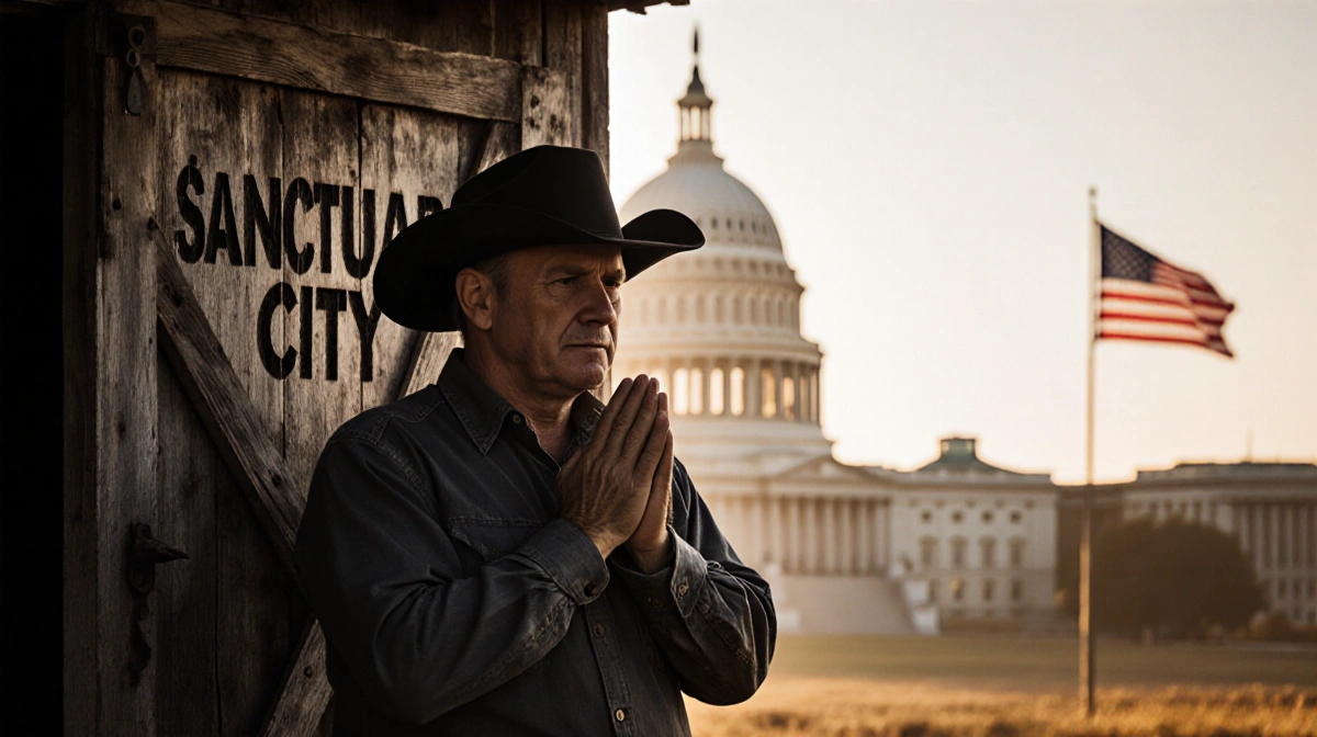 Worried farmer stands before barn door with faded Sanctuary City sign and flag in background