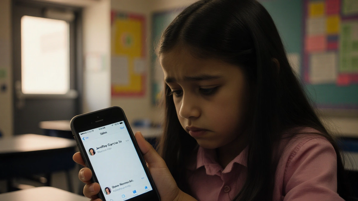 Eliahna sits worried at school desk with phone showing mom's message and slumped shoulders