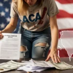 Worried woman holding insurance notice with scattered bills and coins on ground near blurred American flag background