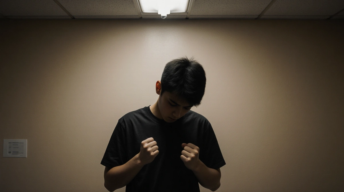 Young college student stands with head bowed and clenched fists under flickering light showing wrongful deportation despair