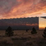 Modern data center reflects sunset colors with trees in foreground showing tension between technology and nature