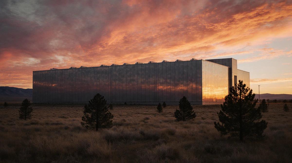 Modern data center reflects sunset colors with trees in foreground showing tension between technology and nature