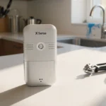 Water leak detector sits on kitchen counter with utensils nearby and water stain showing detection need