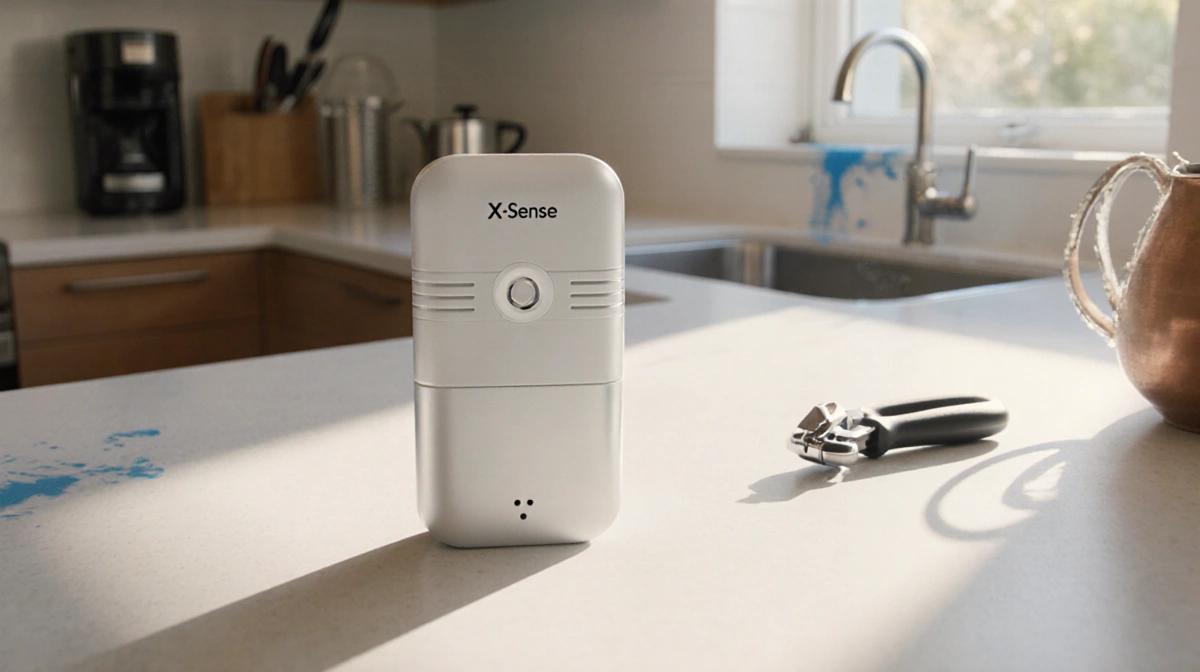 Water leak detector sits on kitchen counter with utensils nearby and water stain showing detection need