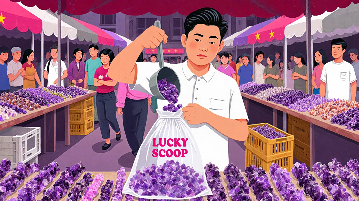 Zhao Zhonggang pours amethyst crystals into Lucky Scoop bags at his bustling flea market stall with purple bracelets and shop