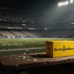 Puzzle box invites viewers to pick it up with warm glow and New York Times logo against dimly lit stadium