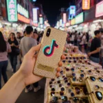 Vendor holds gold-plated TikTok Lucky Scoop phone case with crystal cases and neon lights in busy Yiwu market
