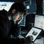 Young adult sits at desk holding tablet with news article about trial with flickering screens of media and gaming consoles