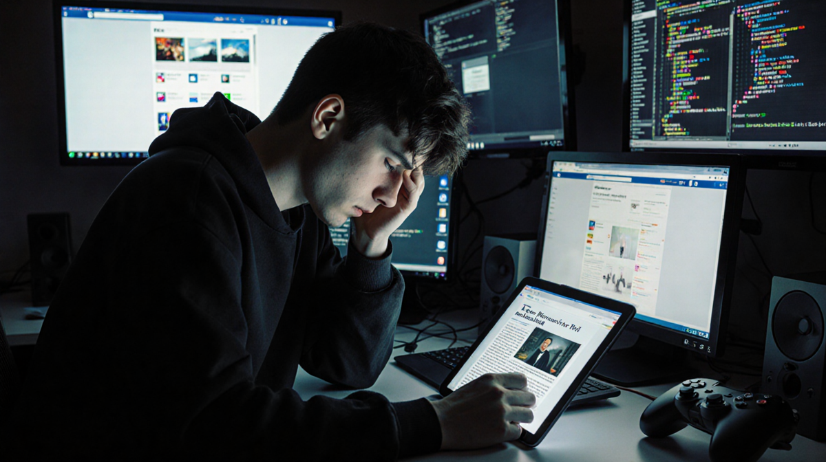 Young adult sits at desk holding tablet with news article about trial with flickering screens of media and gaming consoles