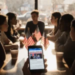 Young Americans gather around a worn wooden table with tattered American flags and a smartphone showing breaking news about p