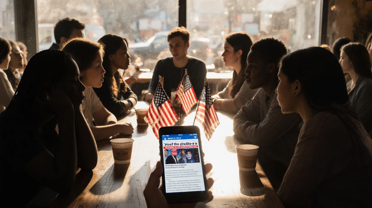 Young Americans gather around a worn wooden table with tattered American flags and a smartphone showing breaking news about p