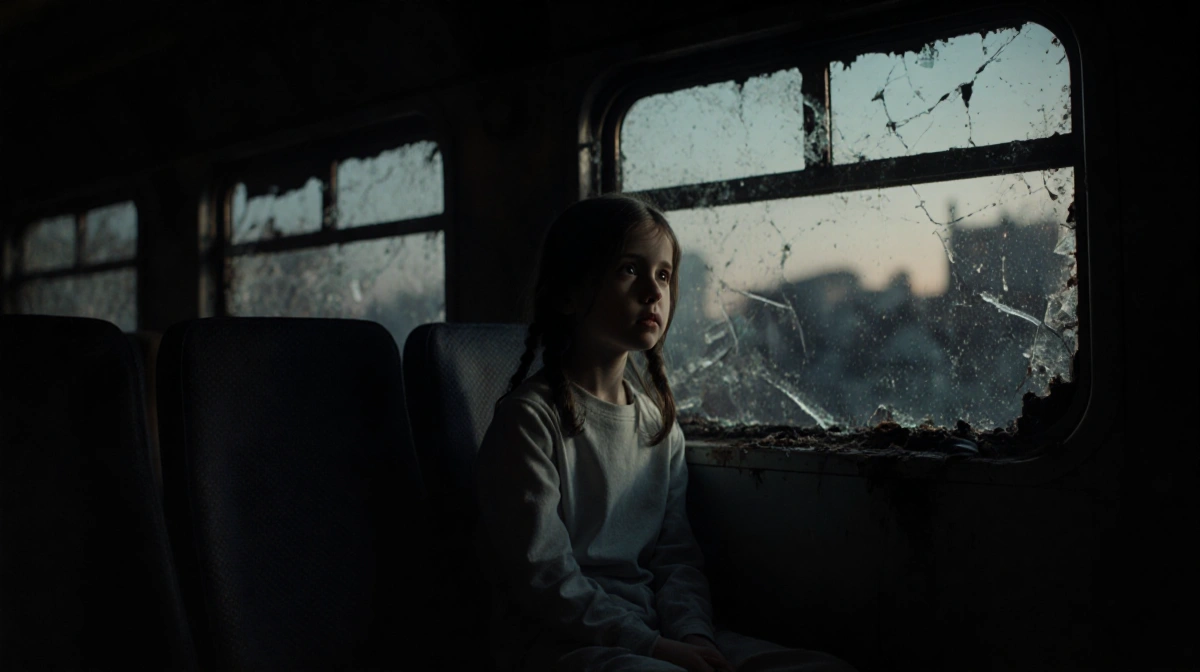 Young girl staring out the train carriage window with shattered glass around and a faint light casting on her face