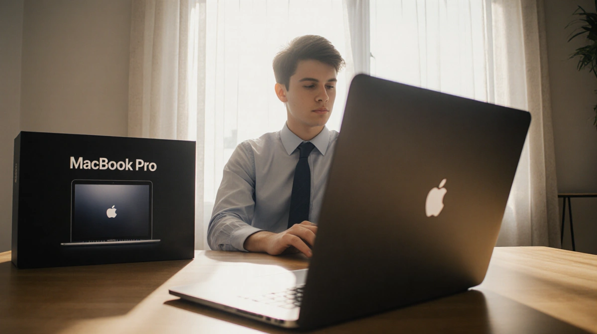 Young professional sitting at desk with MacBook Pro box behind and warm daylight streaming in