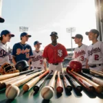 Diverse youth baseball players celebrating around donated equipment with bats and gloves on table and natural light from wind