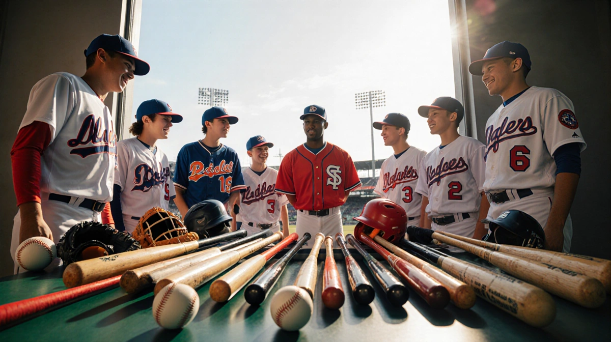 Diverse youth baseball players celebrating around donated equipment with bats and gloves on table and natural light from wind