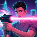 YouTuber firing futuristic sound laser gun with pink and blue light waves against neon city backdrop