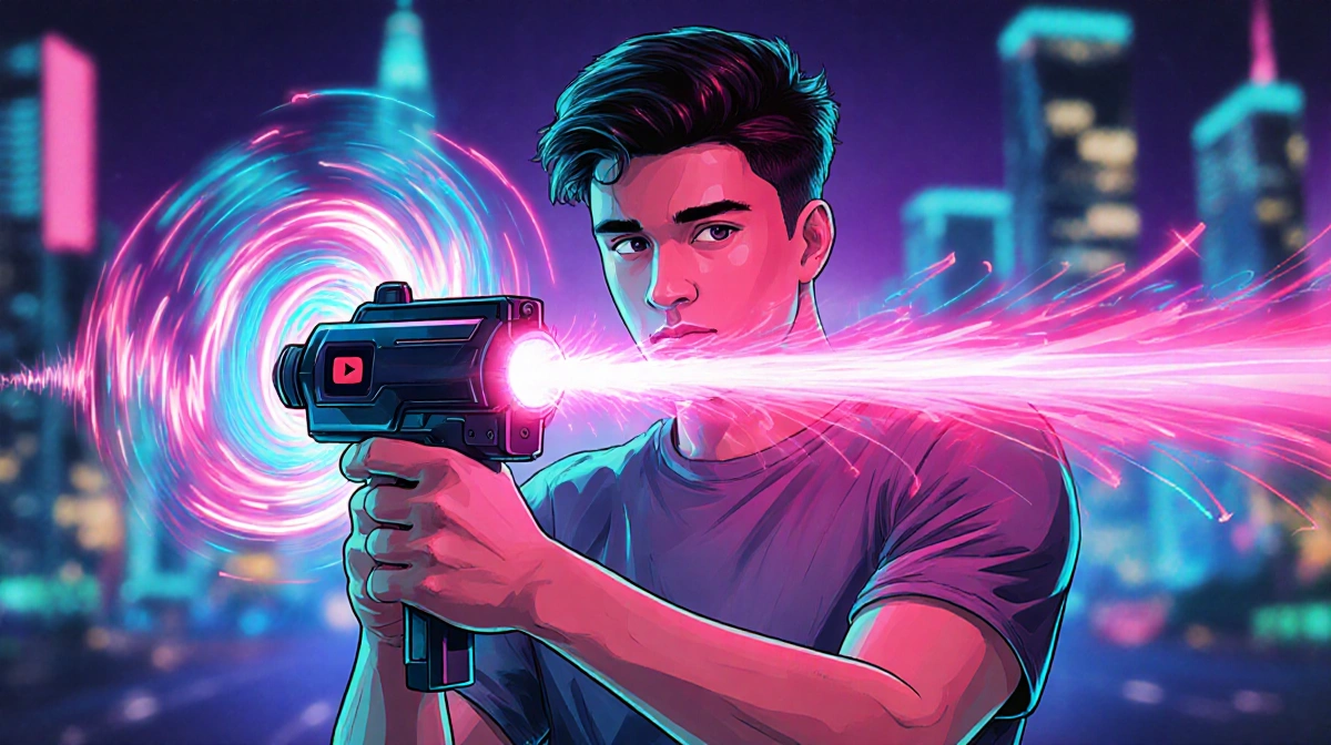 YouTuber firing futuristic sound laser gun with pink and blue light waves against neon city backdrop