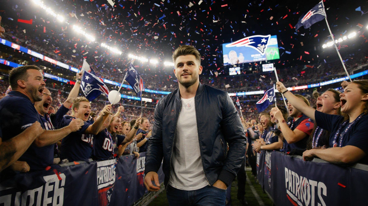 Zac Efron walking through Patriots fans at Gillette Stadium with Texans logo behind him and fans cheering