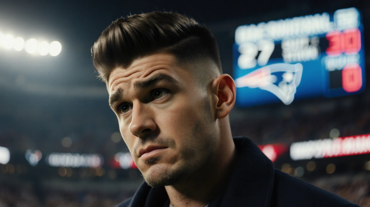 Zac Efron watching with confused expression as scoreboard shows Dylan's 27 points at Patriots game