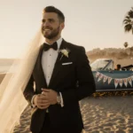 Zach Bryan holding his wedding veil with black tuxedo on sunset Spanish beach with vintage convertible hidden by palm trees.