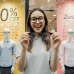 Young woman holding Zeelool eyewear with excited smile near storefront window showing 50% off BOGO