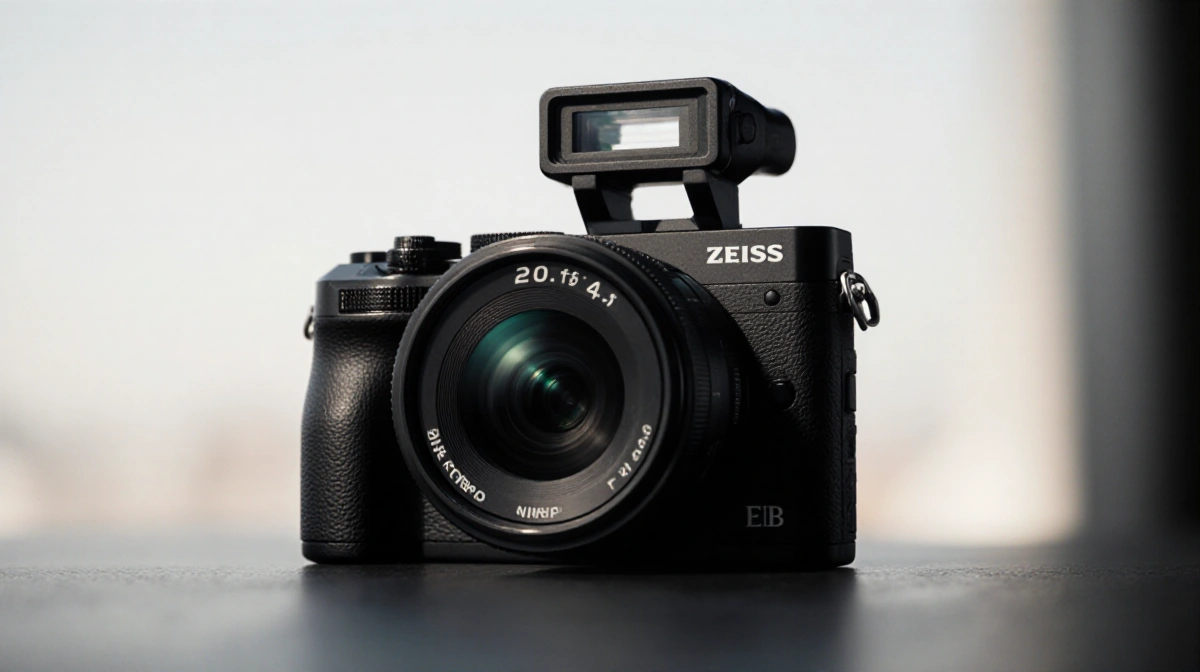 Compact camera shows pop-up electronic viewfinder with Zeiss zoom lens and visible sensor ring