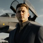 Zelenskyy standing confidently with a modern Ukrainian aircraft revealing a drone against a soft golden sky
