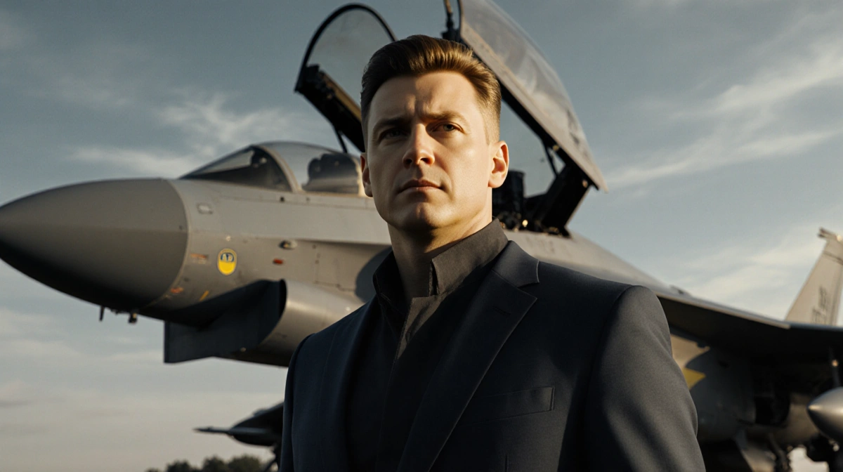 Zelenskyy standing confidently with a modern Ukrainian aircraft revealing a drone against a soft golden sky