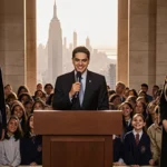 Zohran Mamdani swears oath with microphone and New York skyline behind surrounded by smiling senators and hopeful crowd