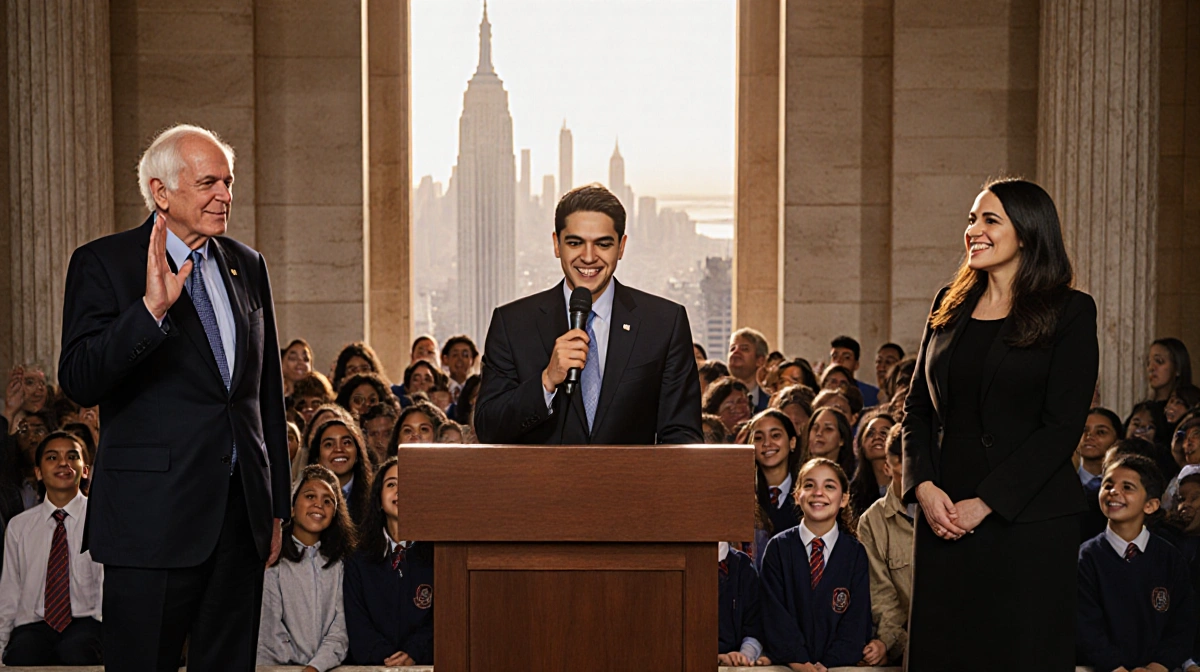 Zohran Mamdani swears oath with microphone and New York skyline behind surrounded by smiling senators and hopeful crowd